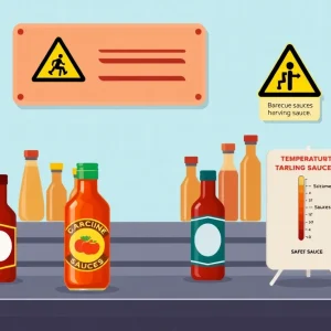 Illustration of barbecue sauce bottles with a safety warning sign in a restaurant kitchen