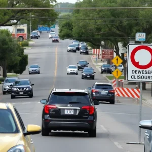 Construction on a road with detour signs in Boerne, Texas.