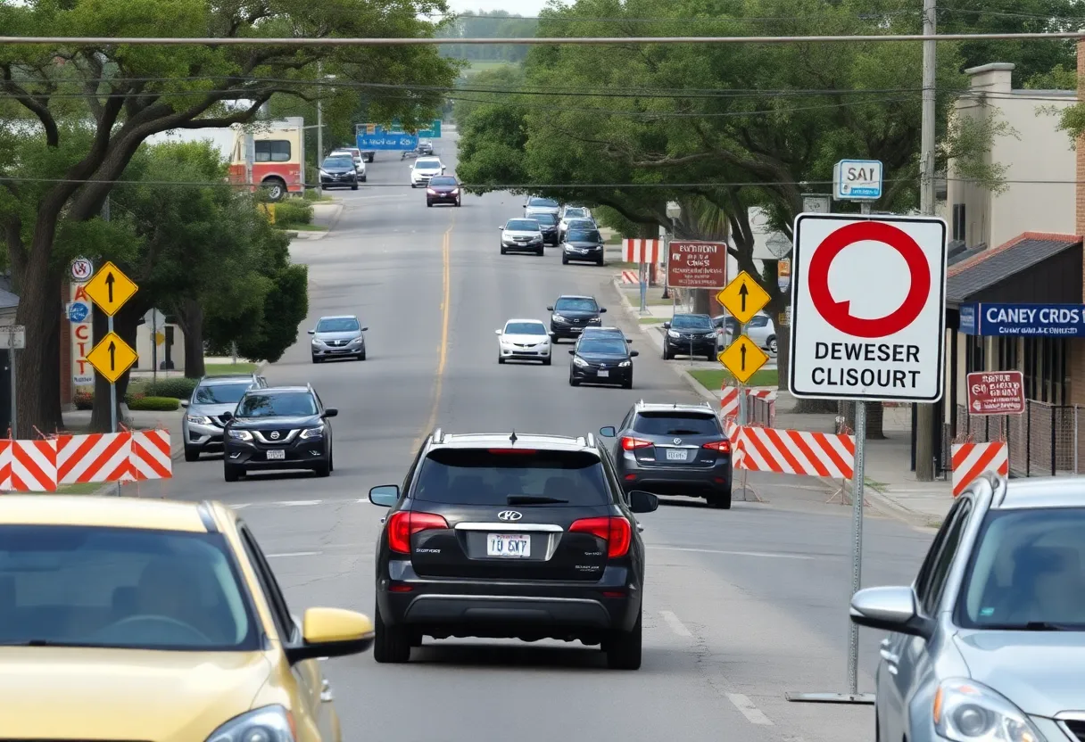 Construction on a road with detour signs in Boerne, Texas.