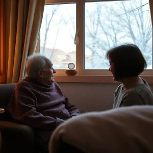 Elderly person sitting by the window during winter with a family member nearby