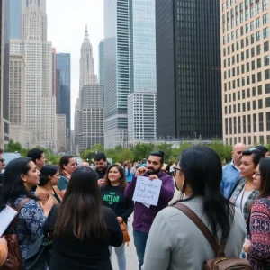 Community members in Chicago discussing immigration rights.