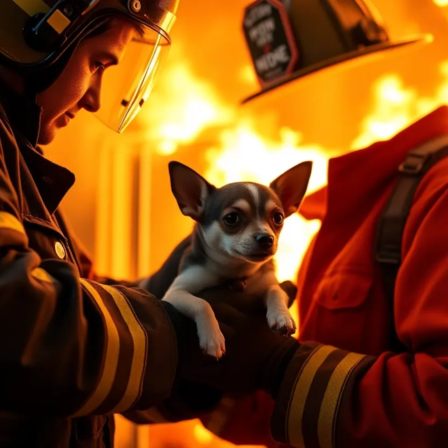 Firefighter holding rescued Chihuahua amidst a house fire