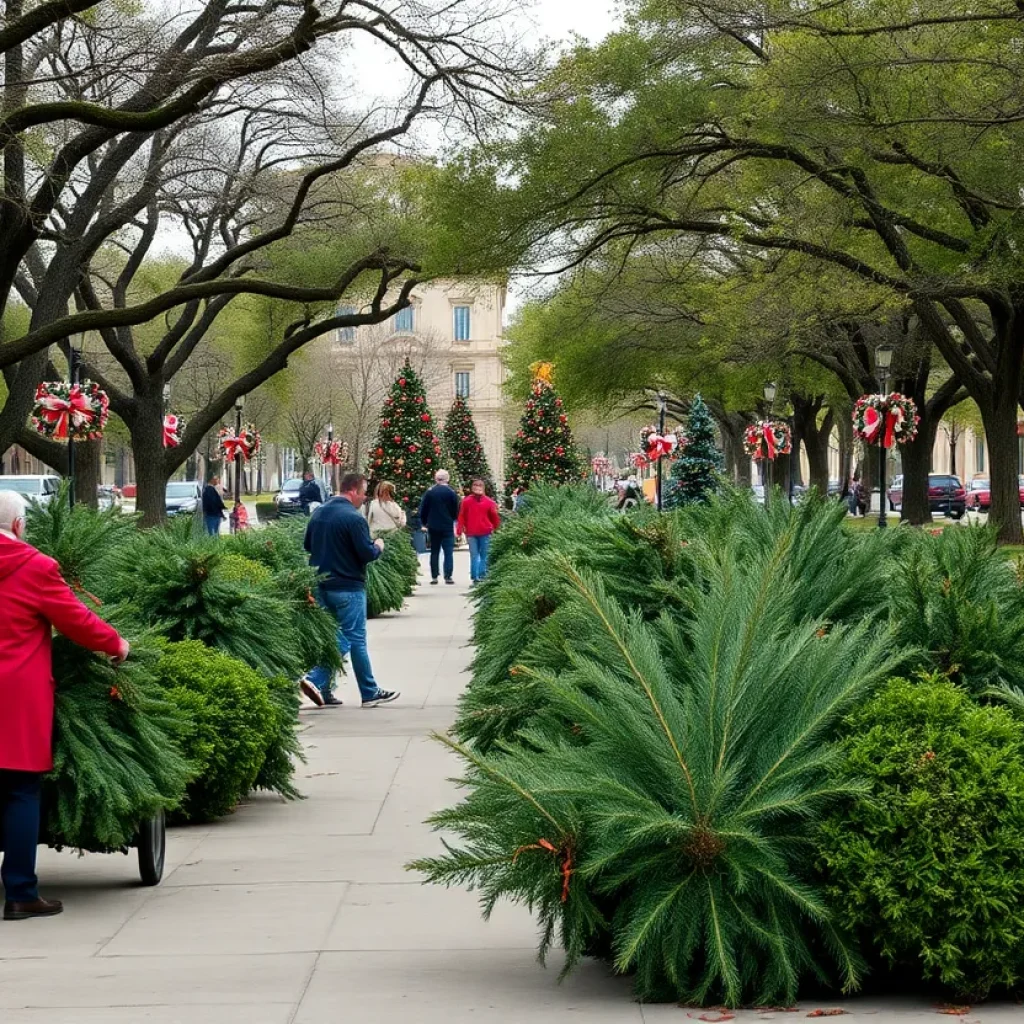 Residents dropping off Christmas trees for recycling at a center in San Antonio