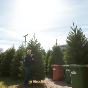 San Antonio residents recycling Christmas trees at a designated drop-off location.