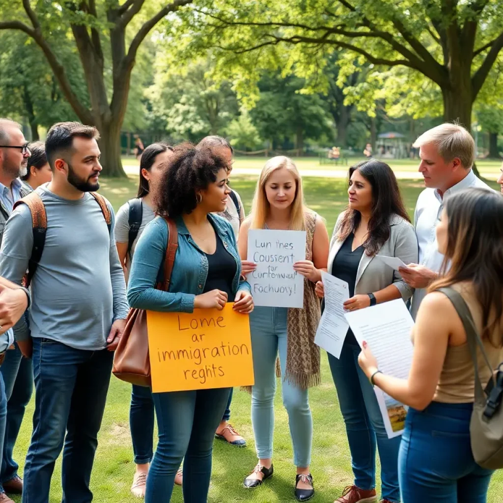 A group of immigrants and advocates discussing rights in a public setting.