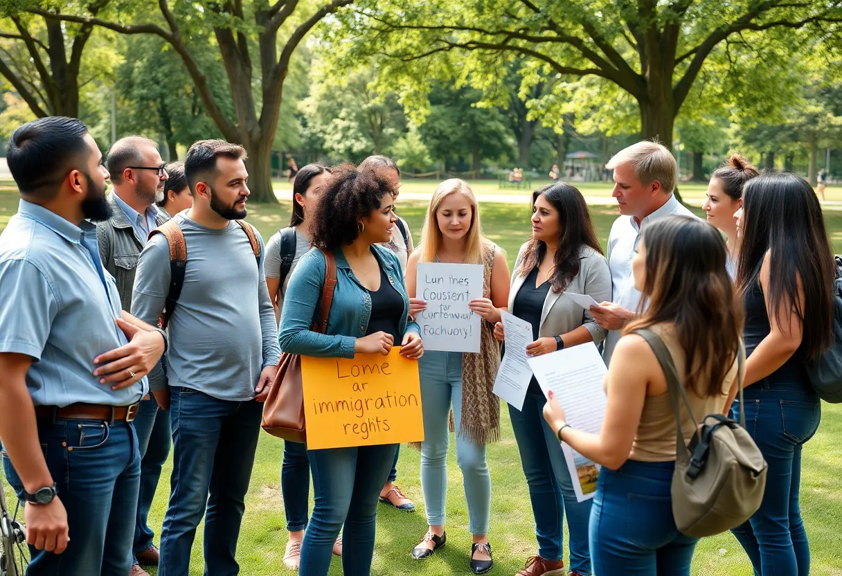 A group of immigrants and advocates discussing rights in a public setting.