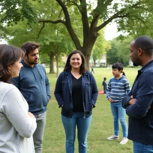 Community members discussing child safety in a park