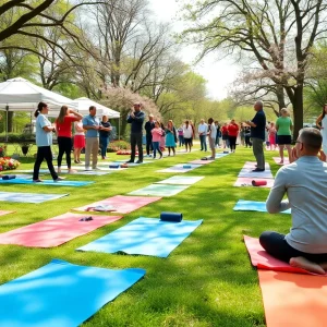 Families enjoying community events in San Antonio with yoga and crafts.