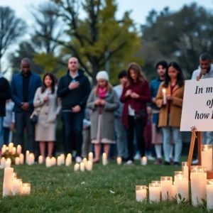 Community members gather to remember Nina Glass with candles and signs.