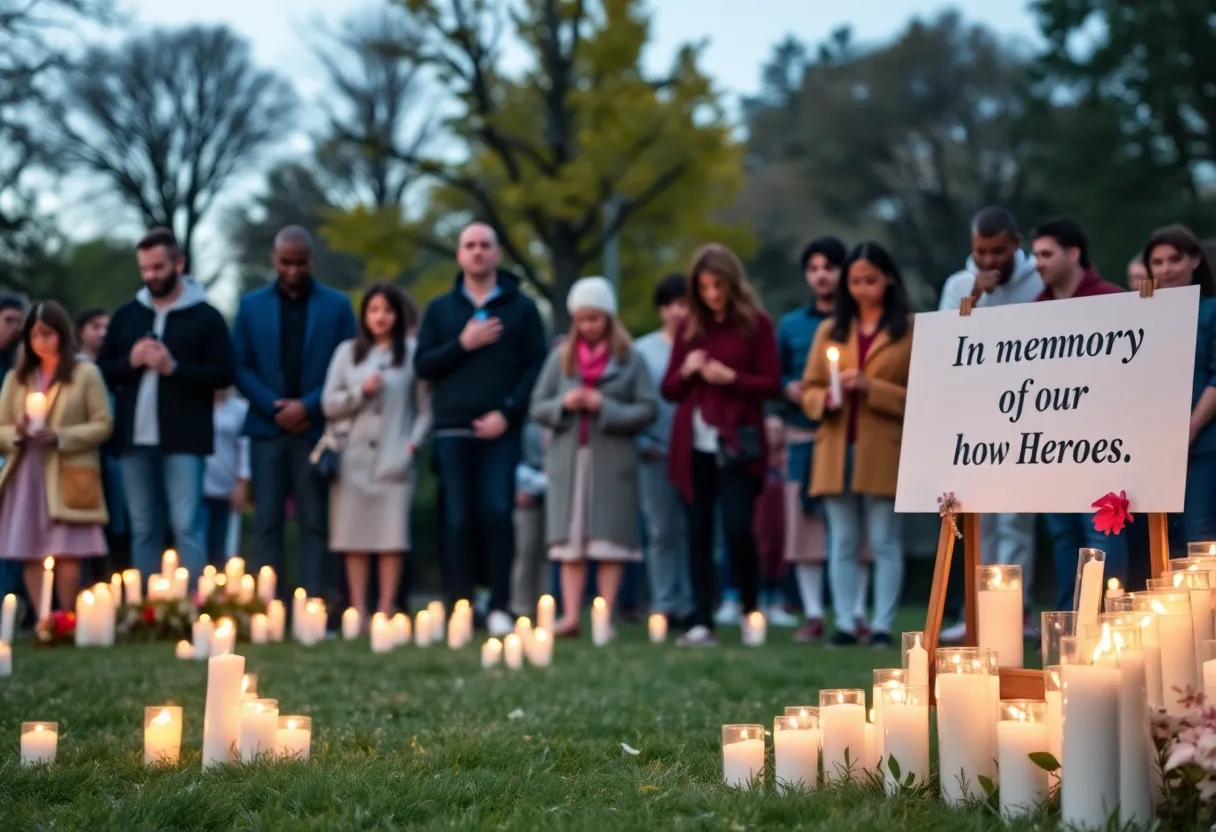 Community members gather to remember Nina Glass with candles and signs.