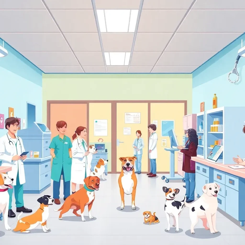 Community veterinary clinic with pets and staff