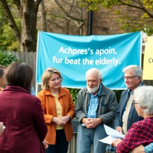 Community members holding signs for elderly safety