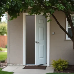 Suburban neighborhood with open door symbolizing safety concerns