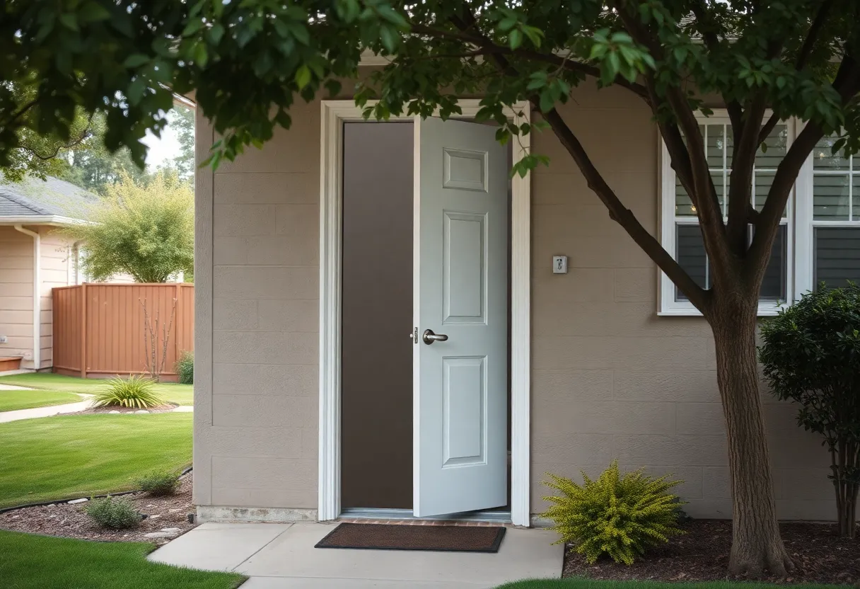 Suburban neighborhood with open door symbolizing safety concerns