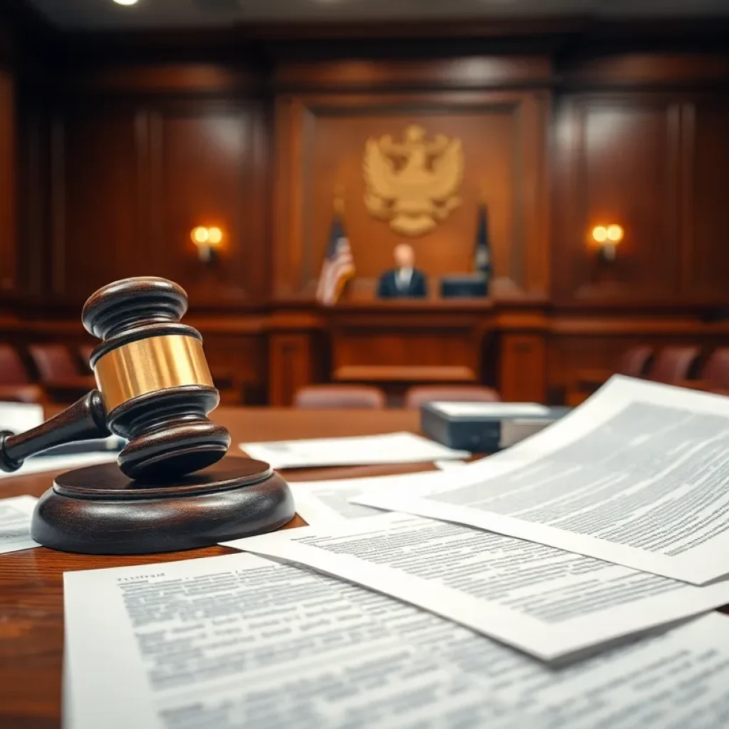 A courtroom hearing with a gavel and legal documents on the judge's table.