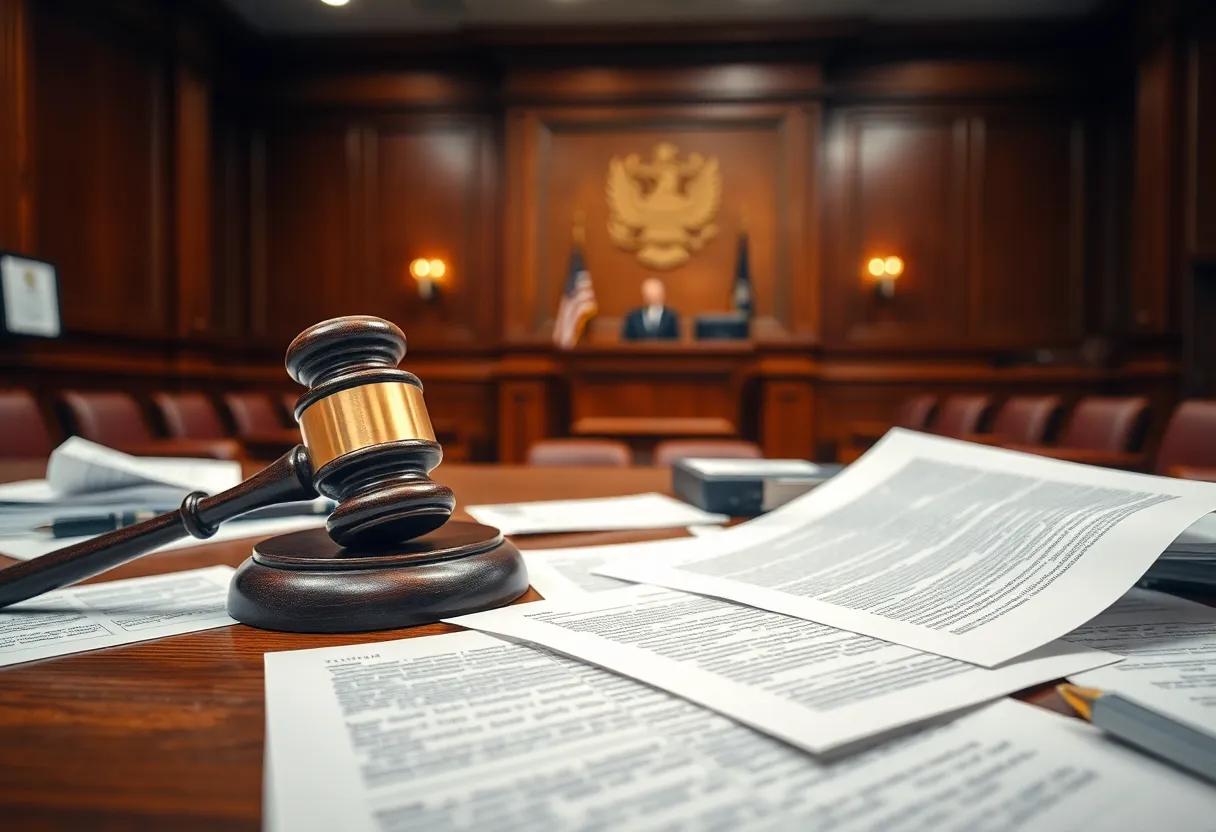 A courtroom hearing with a gavel and legal documents on the judge's table.