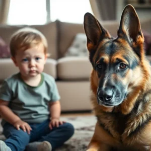 German Shepherd near a child showing tension