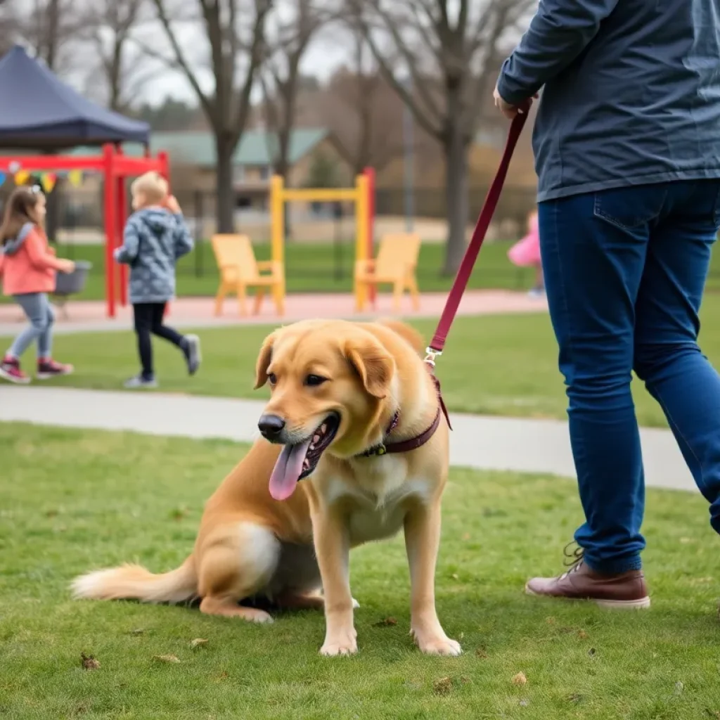 Children playing in a park with a large dog on a leash nearby.