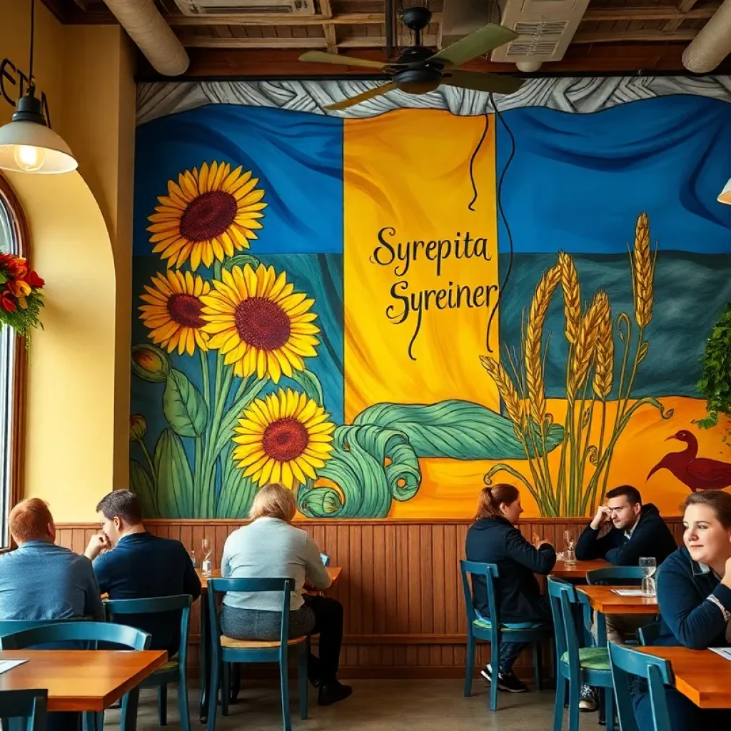 Interior of the European Dumplings Cafe with Ukrainian mural