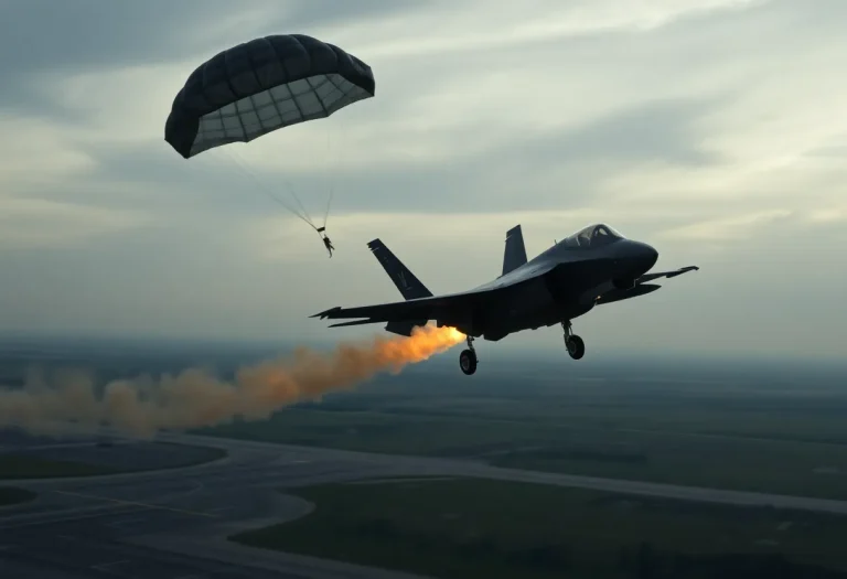 F-35 fighter jet crashing with a parachute deployed