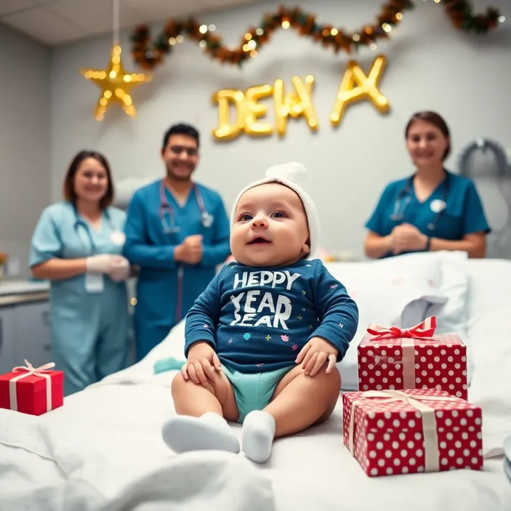 A newborn baby in a festive New Year's onesie surrounded by baby gifts