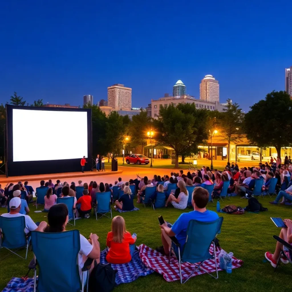 People enjoying a free movie screening at night in San Antonio.