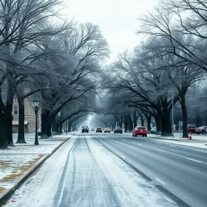 Empty San Antonio streets under a blanket of frost due to cold weather.