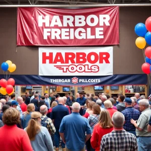 Harbor Freight Tools store with excited community members during the grand opening.