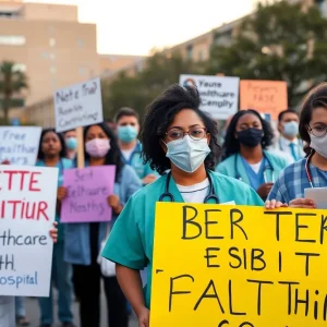 Healthcare workers protesting for better working conditions in Oregon.