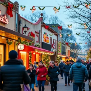 A festive holiday scene in San Antonio with local businesses and decorations.