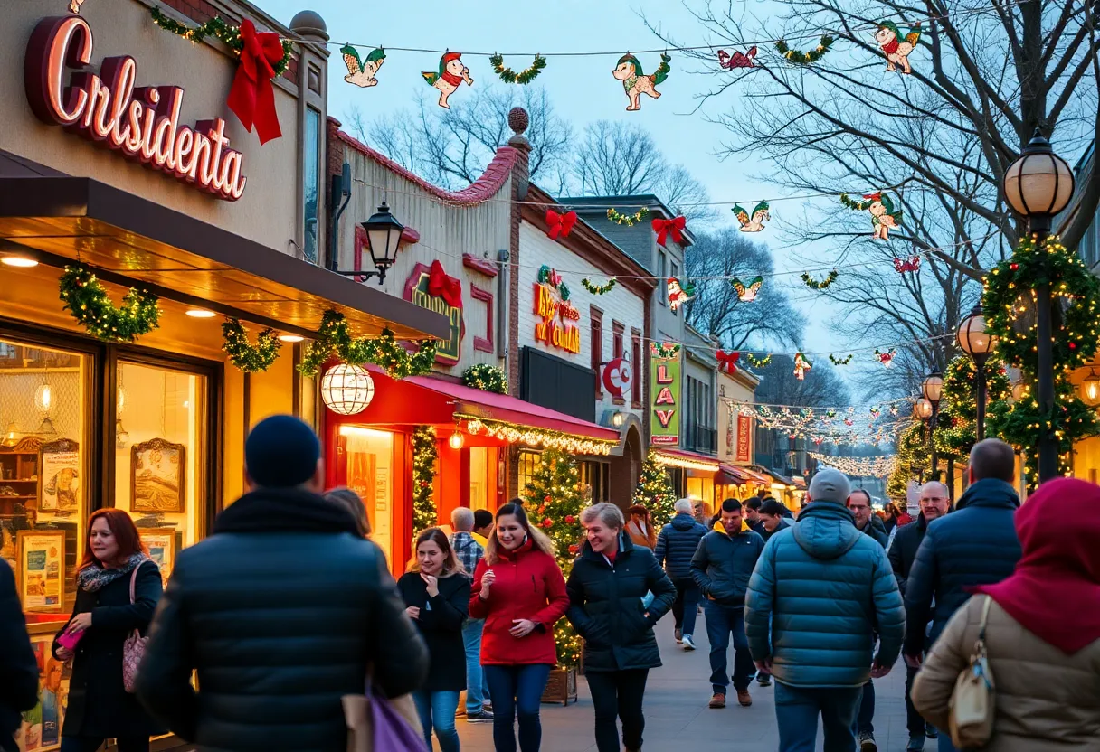 A festive holiday scene in San Antonio with local businesses and decorations.