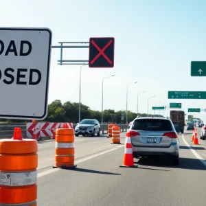 Construction work on I-35 highway with detour signage