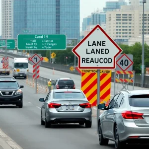 Construction workers on I-35 illustrating lane reductions