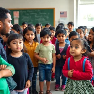 Parents and children discussing community safety in front of a school amid recent ICE raids.