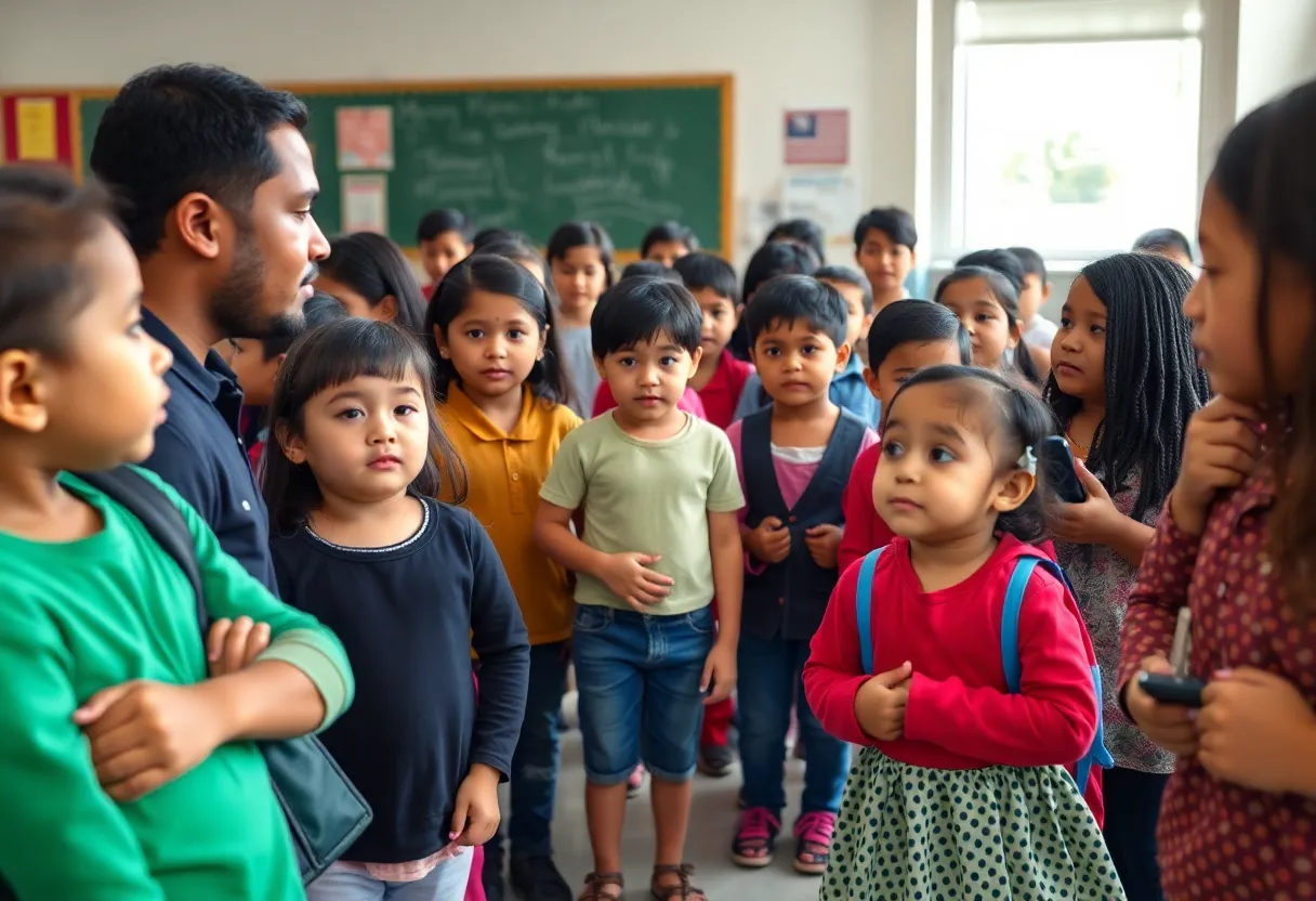 Parents and children discussing community safety in front of a school amid recent ICE raids.