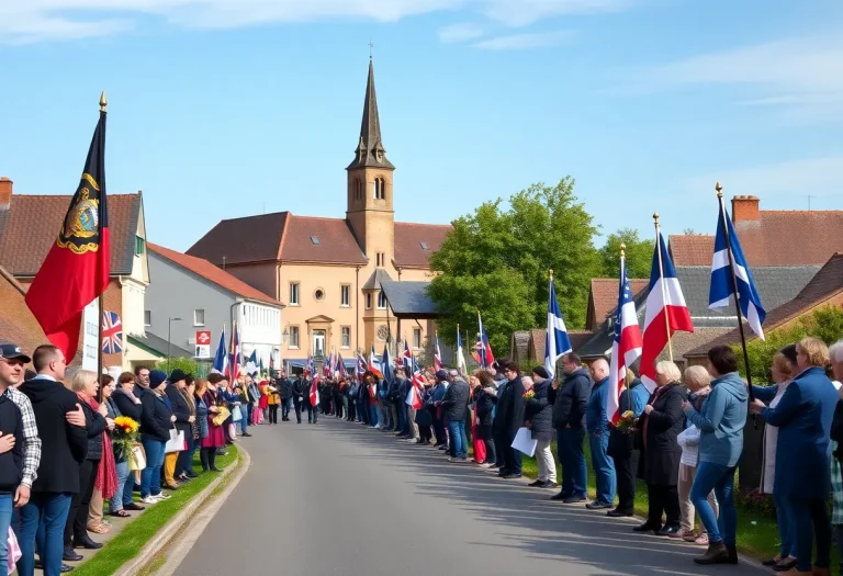 Community members lining the road for Jimmy Carter's funeral procession, showing support with flags and signs.