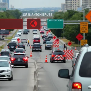 Traffic on southbound I-35 in San Antonio with lane closure signs