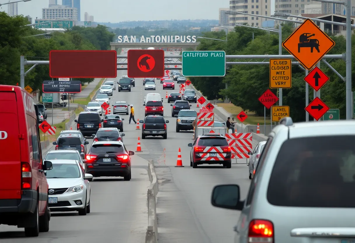 Traffic on southbound I-35 in San Antonio with lane closure signs