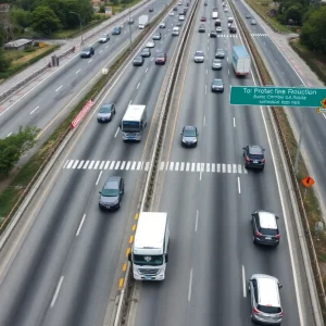 Construction zone on southbound I-35 with reduced lanes