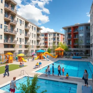 Los Arcos at VIDA complex with playgrounds and community amenities in San Antonio.