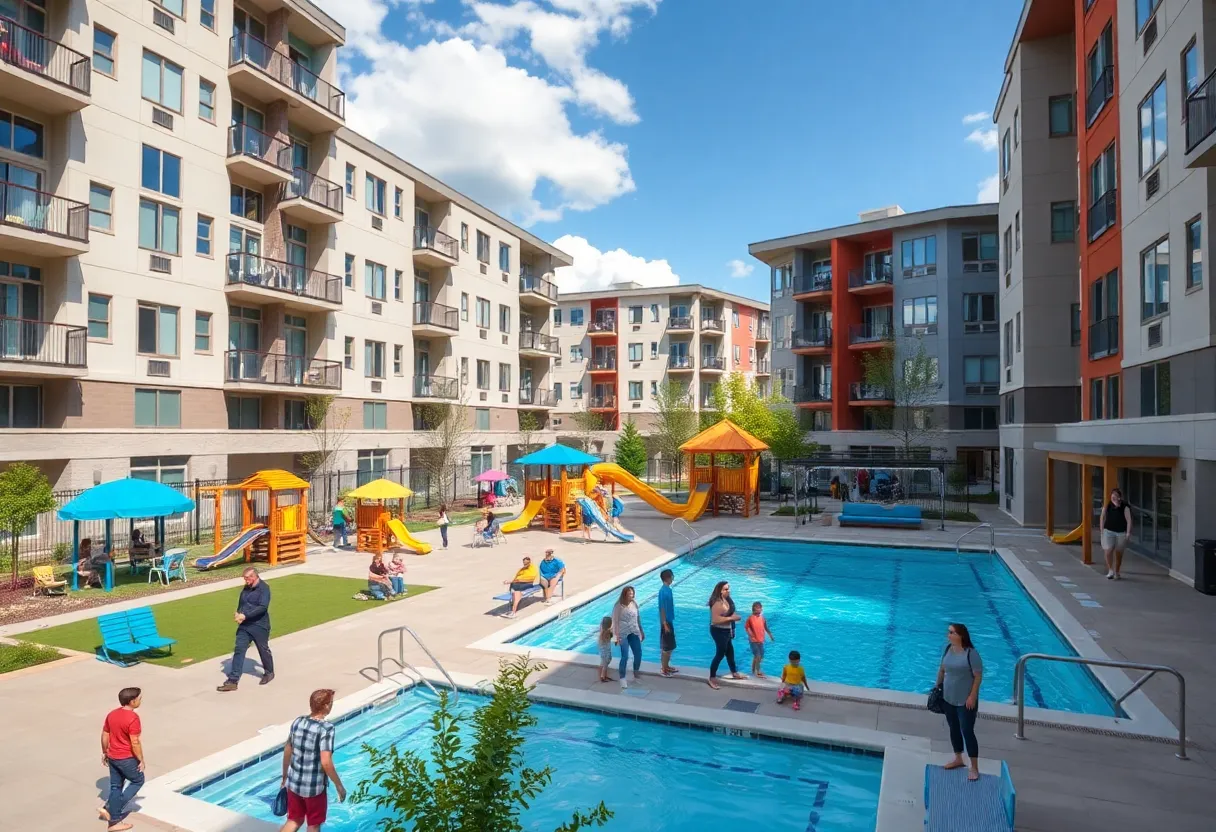 Los Arcos at VIDA complex with playgrounds and community amenities in San Antonio.