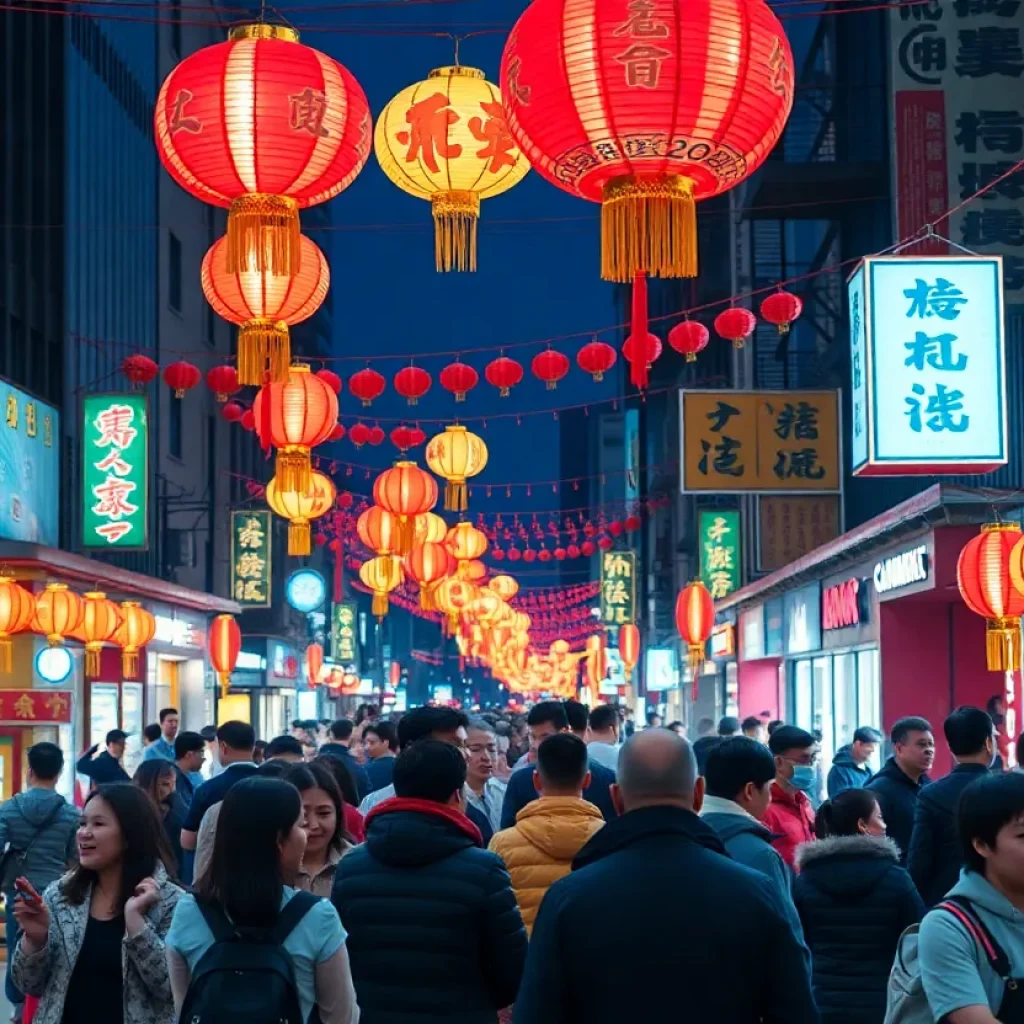 People celebrating Lunar New Year in a vibrant festival in San Antonio.