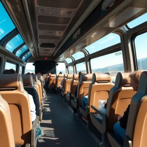 Interior of a luxury bus with reclining seats