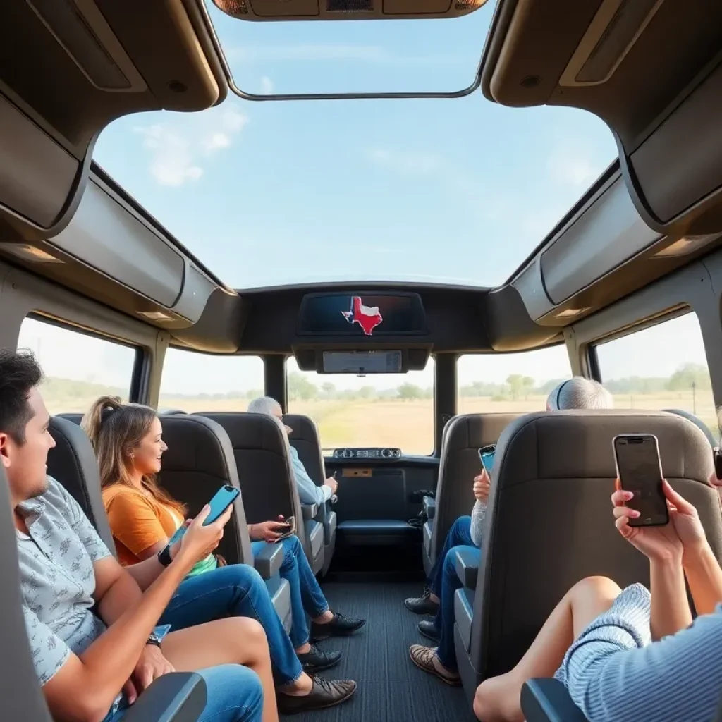 Interior of a luxury bus with plush seating