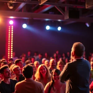 Audience enjoying a comedy show with bright stage lights