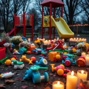 Memorial at a school playground following a tragic accident