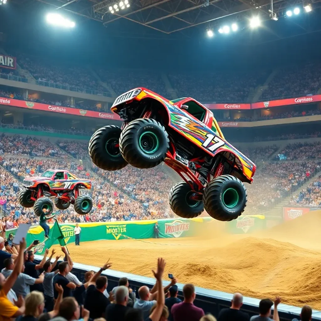 Monster trucks performing stunts at Monster Jam in San Antonio