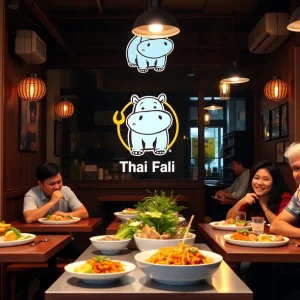 Interior view of Moo Deng Thai Restaurant with guests enjoying Thai food