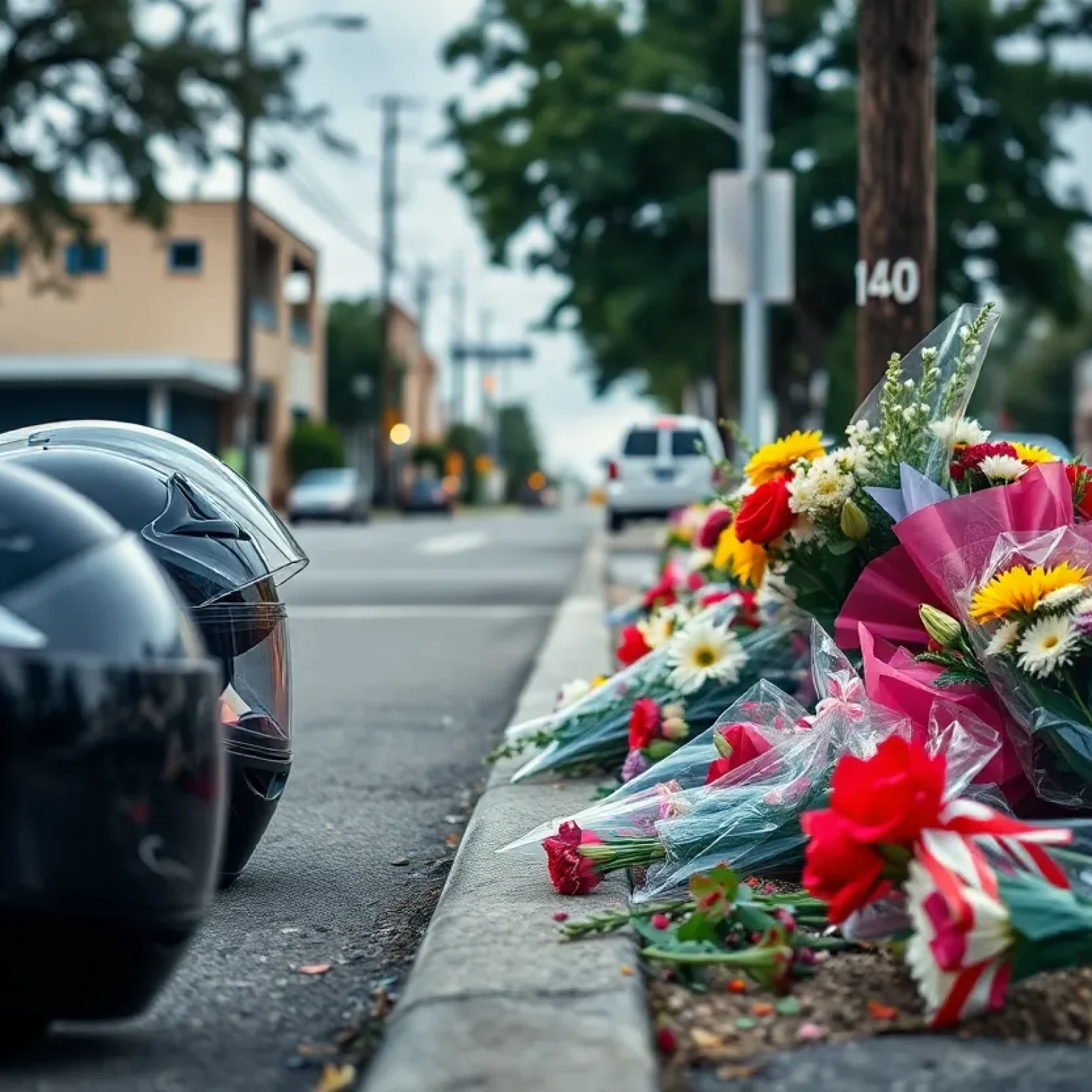 Memorial for motorcycle accidents in San Antonio with helmets and flowers