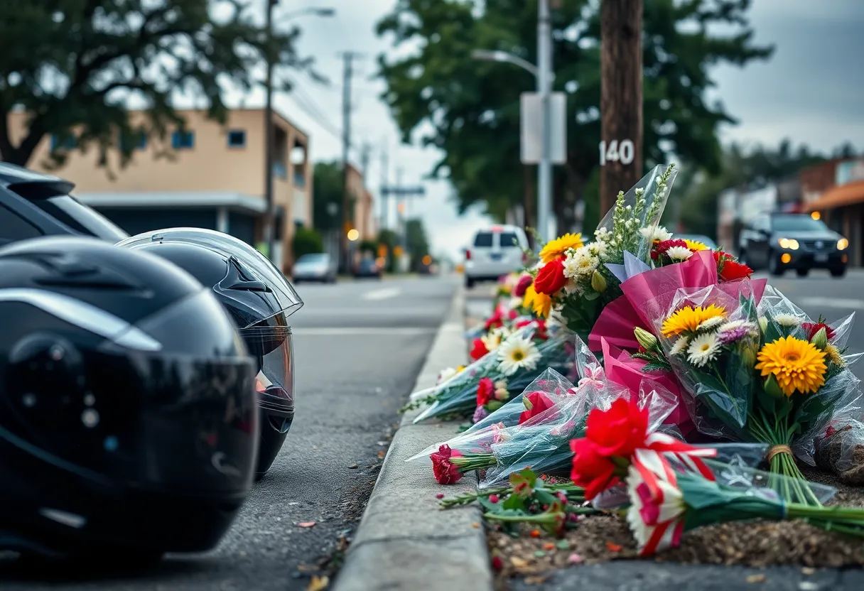 Memorial for motorcycle accidents in San Antonio with helmets and flowers